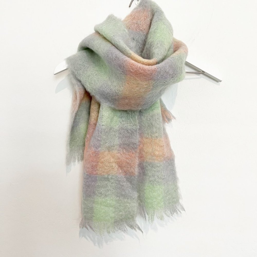 Simons 100% Mohair Vintage Pastel Plaid Fringe Blanket Scarf Shawl Checkered